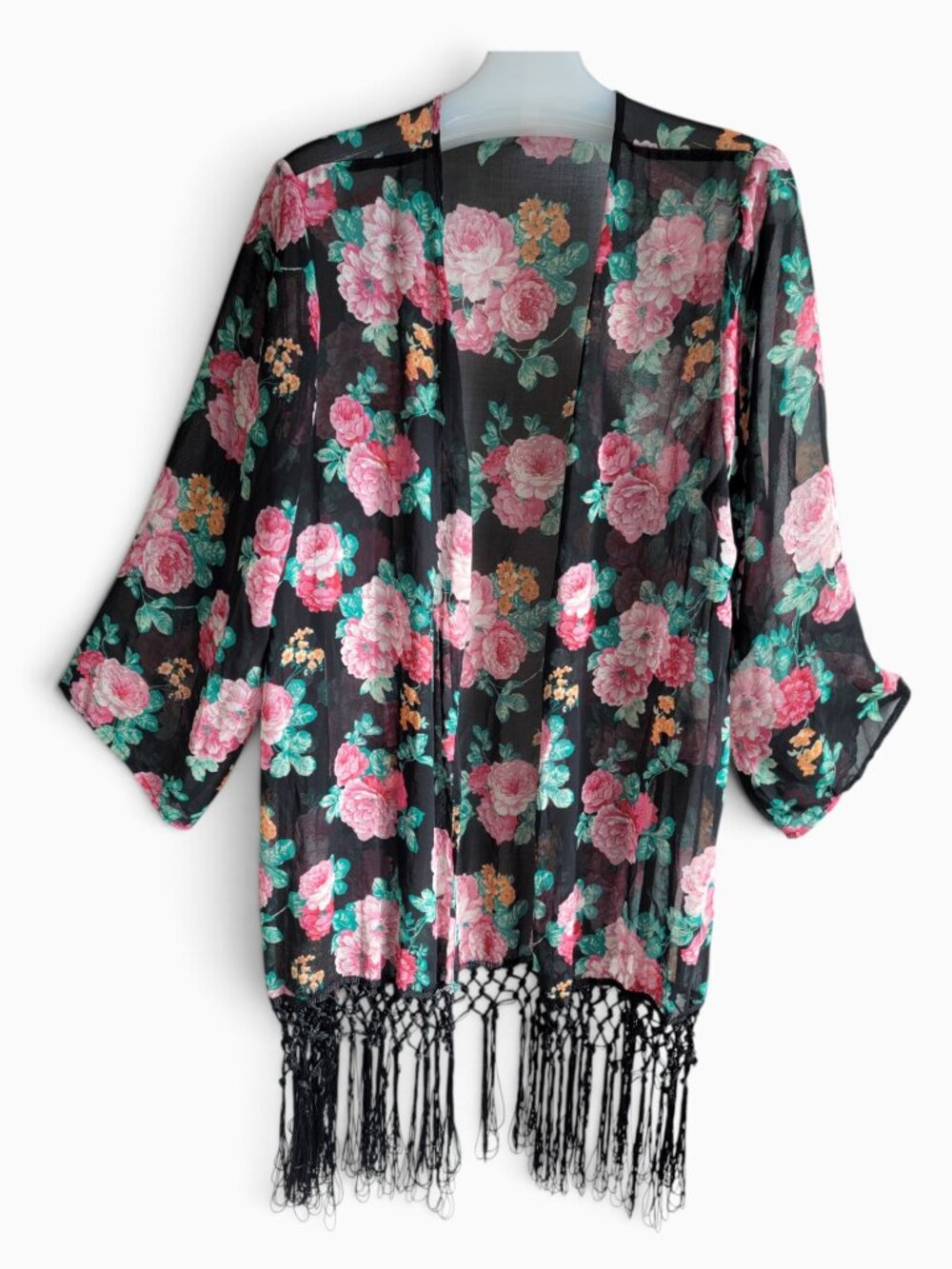 Liberty Love Floral Kimono L Black Pink Sheer Fringe Boho Festival Cottagecore